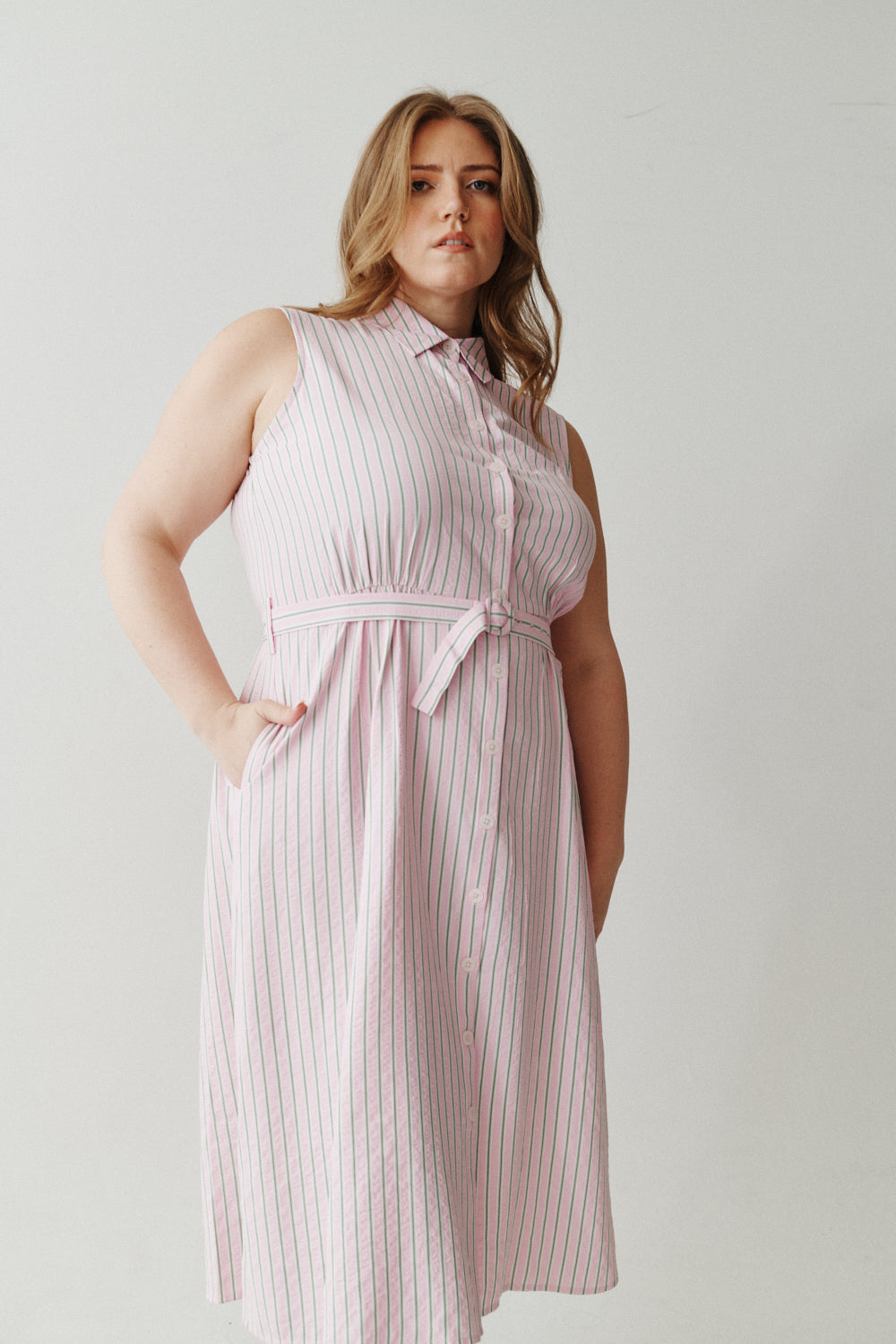 belted sleeveless shirt dress Striped sleeveless belted maxi shirt dress - Blue